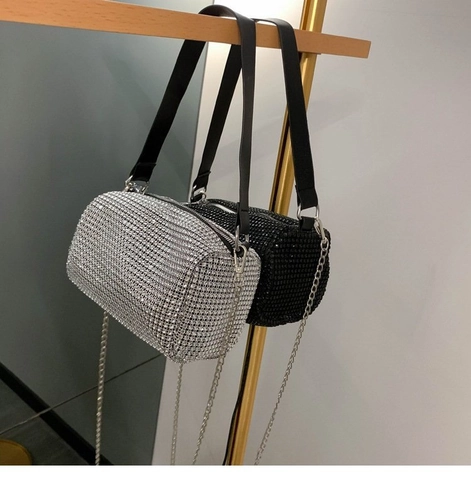 Full Rhinestone Cylindrical Barrel Shoulder Bag With PU Handle And Metal Chain For Women Party Evening Sparkling Chic