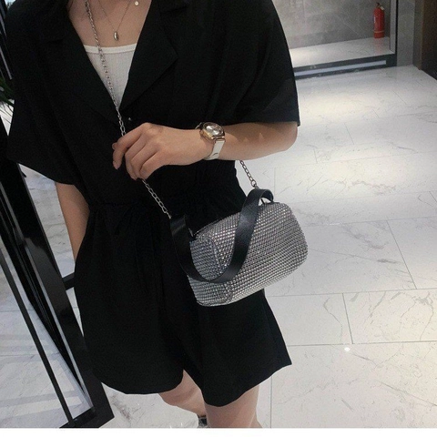 Full Rhinestone Cylindrical Barrel Shoulder Bag With PU Handle And Metal Chain For Women Party Evening Sparkling Chic
