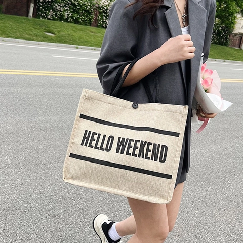 Borsa Tote In Lino Grande Capacità Borsa A Mano In Juta Stampa Hello Weekend Chiusura Con Bottone Minimalista Donna