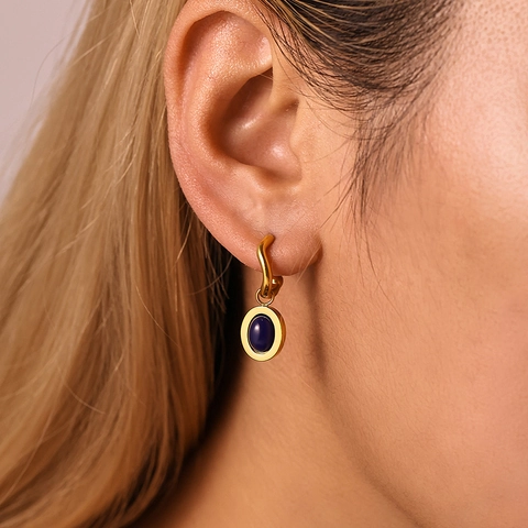 Orecchini Vintage Stile Francese Acciaio Inossidabile Placcato Oro PVD Ovale Agata Pietra Blu Minimalista Forma C Ondulata Donna Gioielli