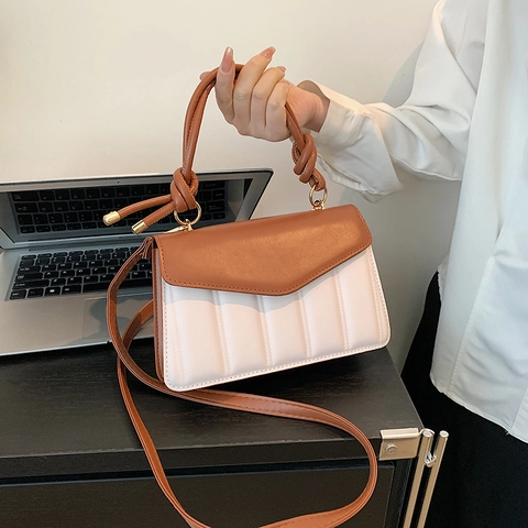 Women Fashion Contrast Color PU Leather Handbag Vertical Pleated Small Square Crossbody Bag With Knotted Handle Adjustable Strap