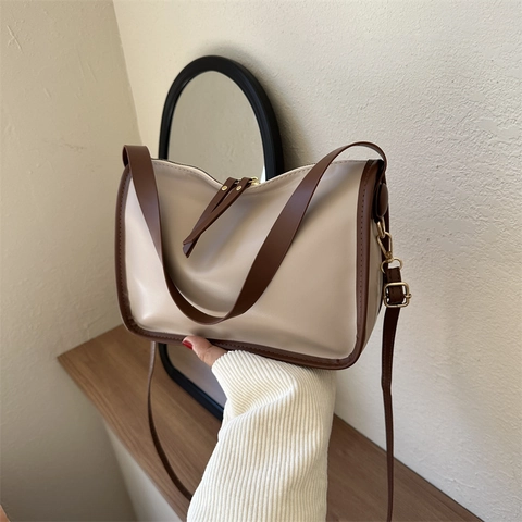 Women Fashion PU Leather Tote Bag Minimalist Solid Color Large Capacity Shoulder Crossbody Bag For Daily Commuting