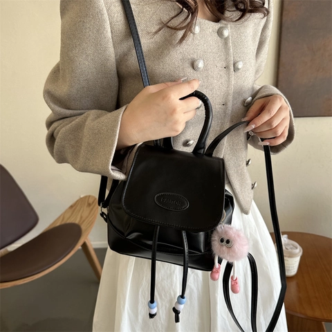 Women Mini Backpack PU Leather Denim Splicing Crossbody Bucket Bag With Cute Plush Monster Charm For Casual Daily Fashion