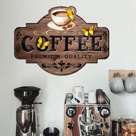 Vintage Kaffee Thema Wandaufkleber PVC Selbstklebend Holzmaserung Wandtattoo Mit Schmetterling Kaffeetasse Für Küche Cafe Dekor