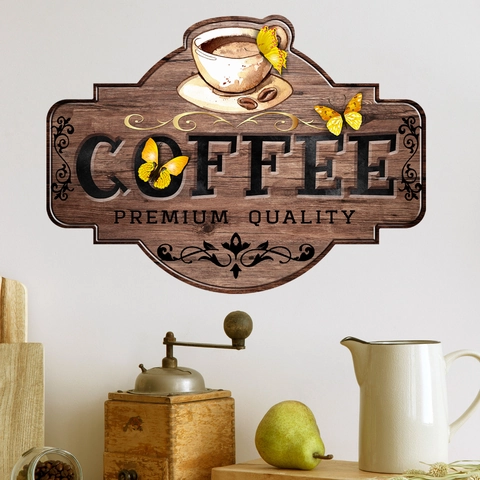 Vintage Kaffee Thema Wandaufkleber PVC Selbstklebend Holzmaserung Wandtattoo Mit Schmetterling Kaffeetasse Für Küche Cafe Dekor