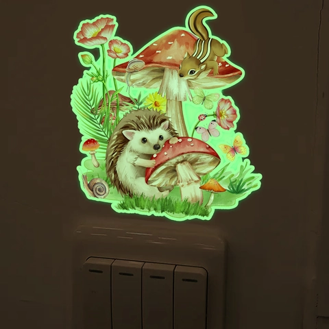 Glow In The Dark Lichtschakelaar Sticker PVC Cartoon Bosdieren Paddenstoel Muursticker Fluorescerende Egel Voor Kinderkamer