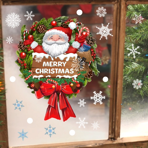 Weihnachten Weihnachtsmann Kranz Statische Fensteraufkleber Schneeflocke Girlande Wandtattoo Für Glastür Haus Xmas Party Deko