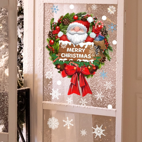 Weihnachten Weihnachtsmann Kranz Statische Fensteraufkleber Schneeflocke Girlande Wandtattoo Für Glastür Haus Xmas Party Deko