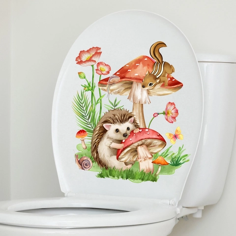 Pegatina para Inodoro Dibujos Animados Erizo Ardilla Hongo Acuarela Animales del Bosque Calcomanía de Pared Impermeable Decoración