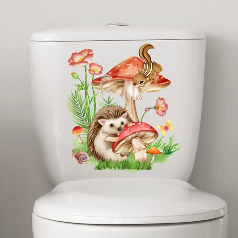 Pegatina para Inodoro Dibujos Animados Erizo Ardilla Hongo Acuarela Animales del Bosque Calcomanía de Pared Impermeable Decoración