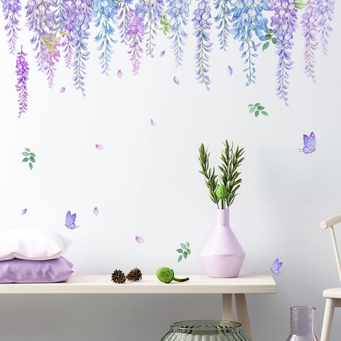 Watercolor Wisteria Flower Butterfly Wall Stickers PVC Self-Adhesive Removable Mural For Living Room Bedroom Floral Decor