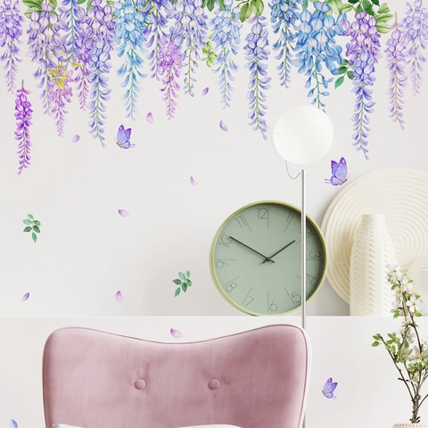 Watercolor Wisteria Flower Butterfly Wall Stickers PVC Self-Adhesive Removable Mural For Living Room Bedroom Floral Decor