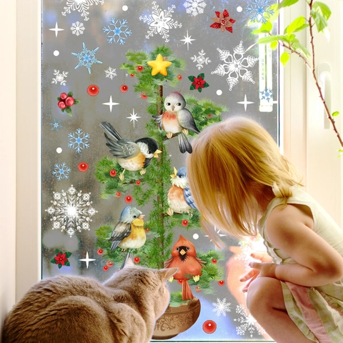 Weihnachten Statisch Haftend Fensteraufkleber Tannenbaum Vogel Schneeflocke Aufkleber Wiederverwendbare Glasdeko Für Zuhause