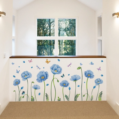 Pegatinas de Pared de Amapola Azul Mariposa PVC Autoadhesivo Nórdico Grandes Calcomanías Florales para Salón Dormitorio