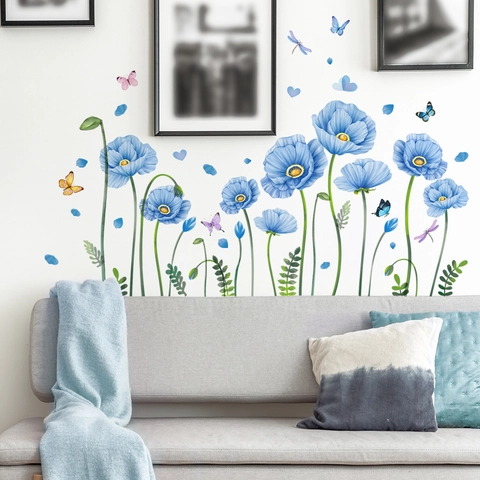Blue Flower Butterfly Wall Stickers PVC Self Adhesive Floral Poppy Removable Decal For Living Room Bedroom Home Decor