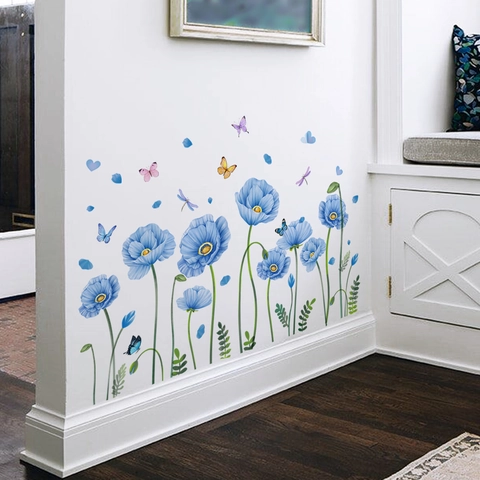 Blue Flower Butterfly Wall Stickers PVC Self Adhesive Floral Poppy Removable Decal For Living Room Bedroom Home Decor