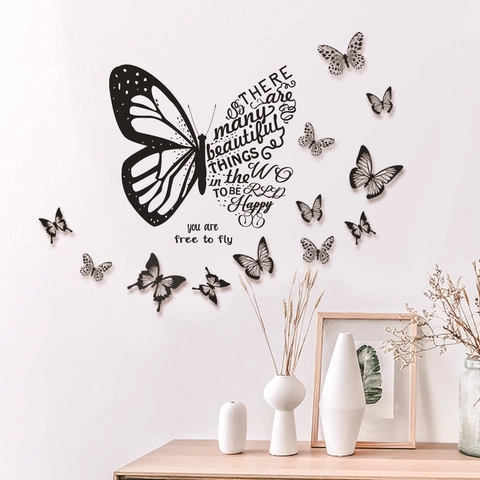 3D Butterfly Wall Stickers PVC Decals Inspirational Quotes Modern Black Home Decor For Living Room Bedroom