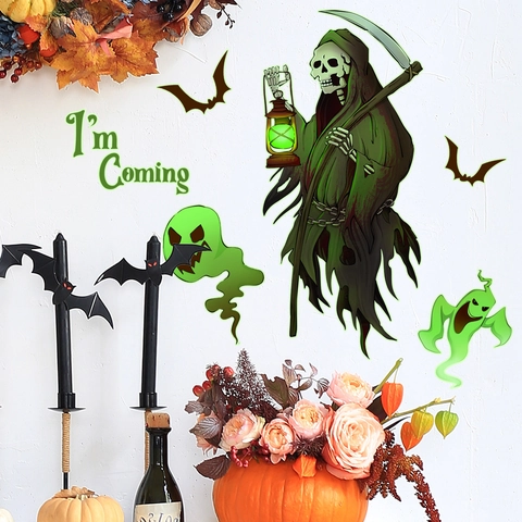 Stickers Muraux Lumineux Halloween Fantôme Faucheuse Chauve-Souris PVC Autocollant Amovible Décoration De Fête Maison