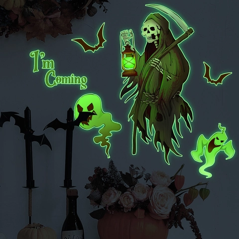 Stickers Muraux Lumineux Halloween Fantôme Faucheuse Chauve-Souris PVC Autocollant Amovible Décoration De Fête Maison