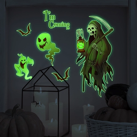 Halloween Luminous Wall Stickers Glow In The Dark PVC Window Decals Witch Bat Skeleton Ghost Party Decor Haunted House