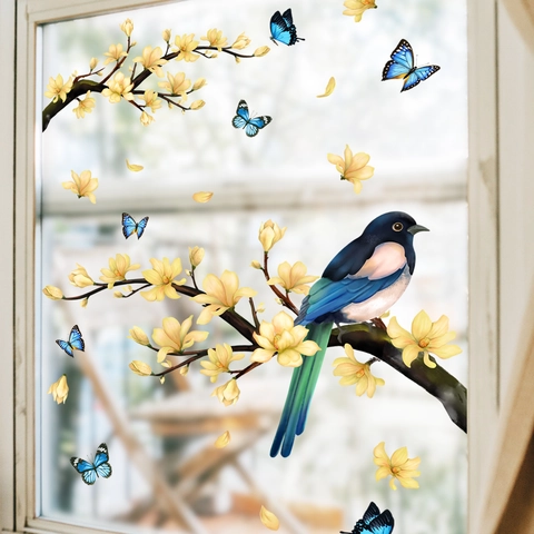 Sticker Mural Moderne en PVC Oiseau Fleur Papillon Autocollant Fenêtre en Verre Décalcomanie Artistique Décoration de Maison pour Salon
