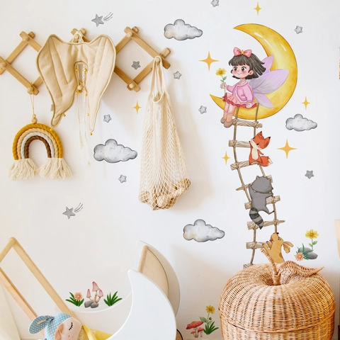 Stickers Muraux Fille Sur La Lune Avec Animaux Échelle PVC Aquarelle Nuage Étoile Décalcomanies Pour Déco Chambre Enfant
