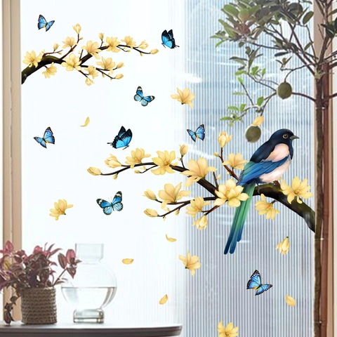 Sticker Mural Moderne en PVC Oiseau Fleur Papillon Autocollant Fenêtre en Verre Décalcomanie Artistique Décoration de Maison pour Salon
