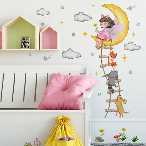 Stickers Muraux Fille Sur La Lune Avec Animaux Échelle PVC Aquarelle Nuage Étoile Décalcomanies Pour Déco Chambre Enfant