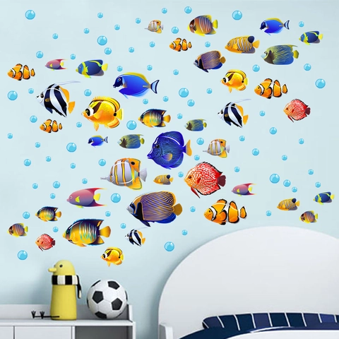 Tropical Fish Ocean Theme Wall Stickers PVC Waterproof Sea Life Bubbles Decals For Kids Room Bathroom Bedroom Decor