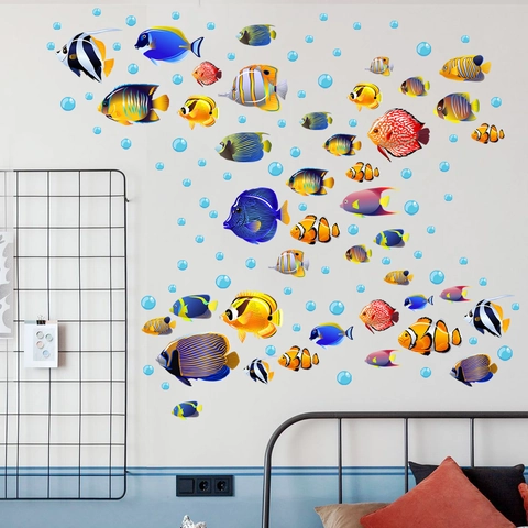 Tropical Fish Ocean Theme Wall Stickers PVC Waterproof Sea Life Bubbles Decals For Kids Room Bathroom Bedroom Decor