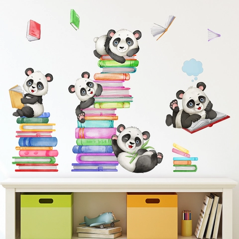 Adesivi Murali Panda Cartone Animato Che Legge Libri PVC Autoadesivo Acquerello Animali Decorazione Camera Bambini