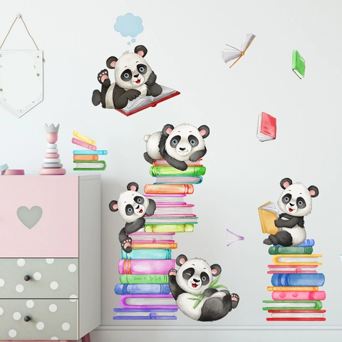 Adesivi Murali Panda Cartone Animato Che Legge Libri PVC Autoadesivo Acquerello Animali Decorazione Camera Bambini