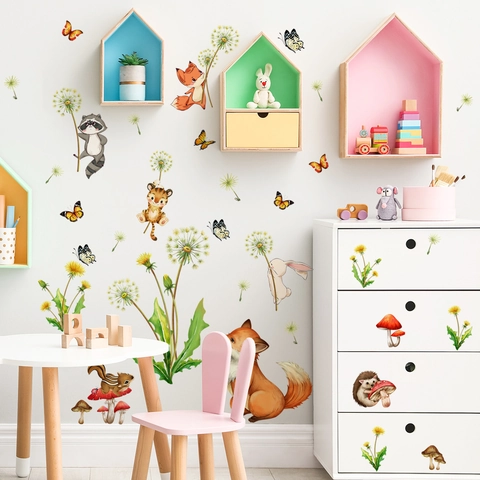 Stickers Muraux Animaux De La Forêt Aquarelle PVC Renard Lapin Écureuil Champignon Papillon Décoration Chambre Enfant