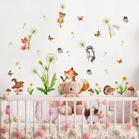 Stickers Muraux Animaux De La Forêt Aquarelle PVC Renard Lapin Écureuil Champignon Papillon Décoration Chambre Enfant