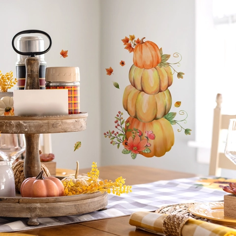 Autocollant Mural Citrouille Feuille Erable Fleur Automne PVC Auto-Adhésif Décoration Maison Thanksgiving Salon Chambre