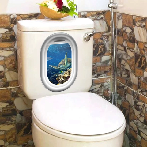 3D Underwater Sea Turtle Toilet Sticker PVC Waterproof Removable Bathroom Wall Decal Porthole Ocean World Decoration