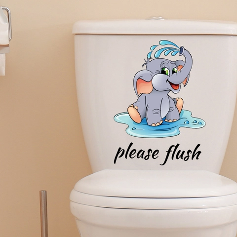 Autocollant De Toilette Éléphant Dessin Animé Mignon PVC Imperméable Décalcomanie De Salle De Bain Amovible Signe Please Flush