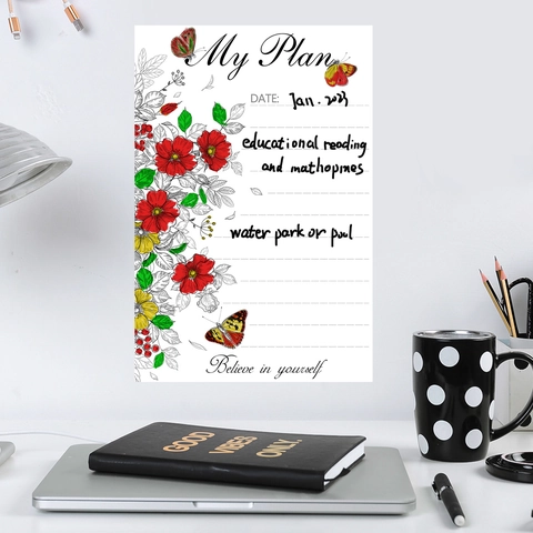 Autocollant de Tableau Blanc Réinscriptible Mon Plan Tableau de Planning PVC Sticker Mural Design Fleurs Papillons Tableau de Message Pour Maison Bureau Chambre Enfant