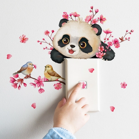 Cartoon Panda Cherry Blossom Switch Sticker Removable PVC Bird Floral Wall Decal For Kids Room Kindergarten Home Decor