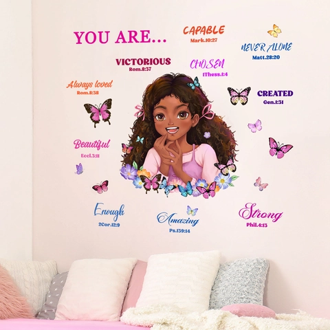 Cartoon Girl Butterfly Inspirational Bible Verse Quotes Wall Sticker DIY Waterproof PVC Mural For Kids Room Nursery Decor