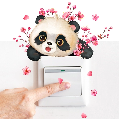 Cartoon Panda Cherry Blossom Switch Sticker Removable PVC Bird Floral Wall Decal For Kids Room Kindergarten Home Decor