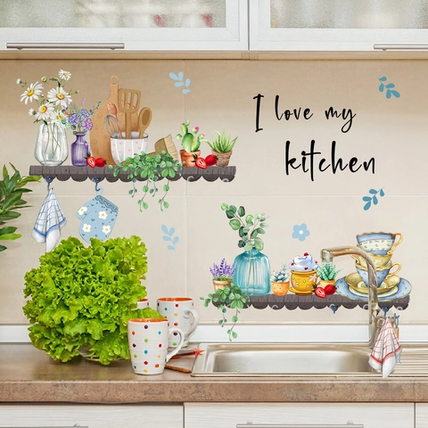 Kitchen Wall Stickers PVC Watercolor Potted Plants Shelf Self Adhesive Home Decor I Love My Kitchen Art Mural Decals