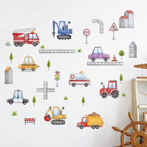Cartoon Bouwvoertuigen Muurstickers Voor Kinderkamer Decor Waterdicht PVC Verkeer Weg Auto Kinderkamer Muurstickers Voor Jongens