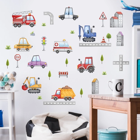 Cartoon Construction Vehicle Wall Stickers For Kids Room PVC DIY Transport Road Decor Excavator Fire Truck Wall Decals