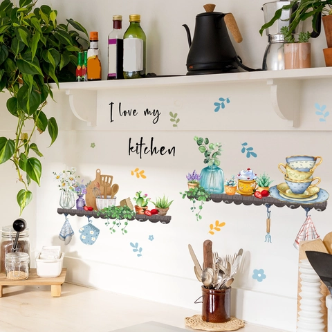 I Love My Kitchen Αυτοκόλλητα Τοίχου PVC με Φυτά σε Γλάστρες Υδατογραφία Ζωγραφισμένο στο Χέρι Κουζινικά Διακοσμητικό για Σπίτι