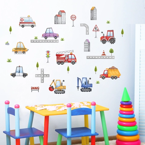 Cartoon Construction Vehicle Wall Stickers For Kids Room PVC DIY Transport Road Decor Excavator Fire Truck Wall Decals