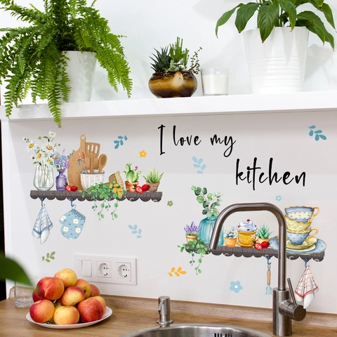 Kitchen Wall Stickers PVC Watercolor Potted Plants Shelf Self Adhesive Home Decor I Love My Kitchen Art Mural Decals