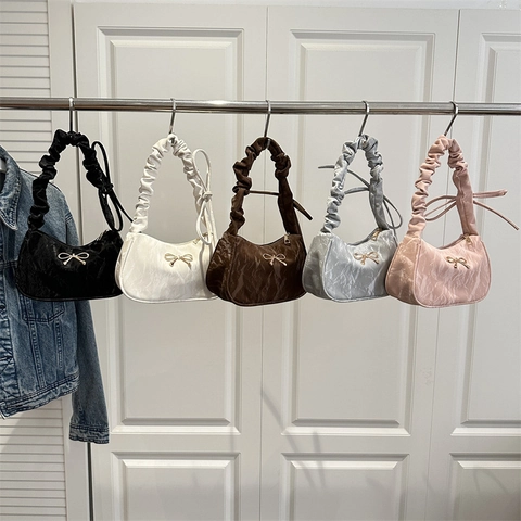 Women Korean Style Ruched Underarm Bag With Metal Bow Decor Pleated Shoulder Bag Trendy Elegant Solid Color Handbag