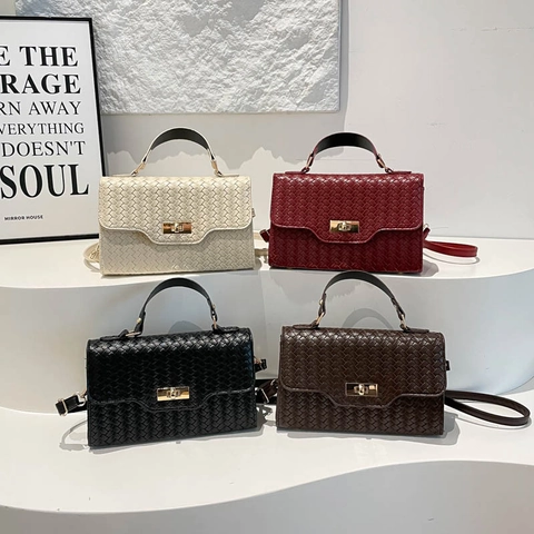 Bolso de Hombro de Cuero PU Tejido para Mujer Bolso Bandolera de Estilo Callejero Moderno Bolso Cuadrado Pequeño Con Asa