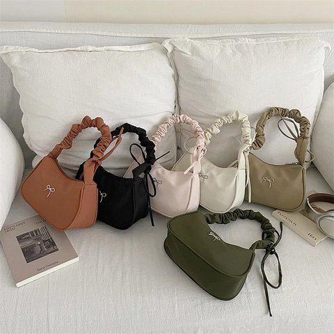 Women Korean Style Ruched Underarm Bag With Metal Bow Decor Pleated Shoulder Bag Trendy Elegant Solid Color Handbag
